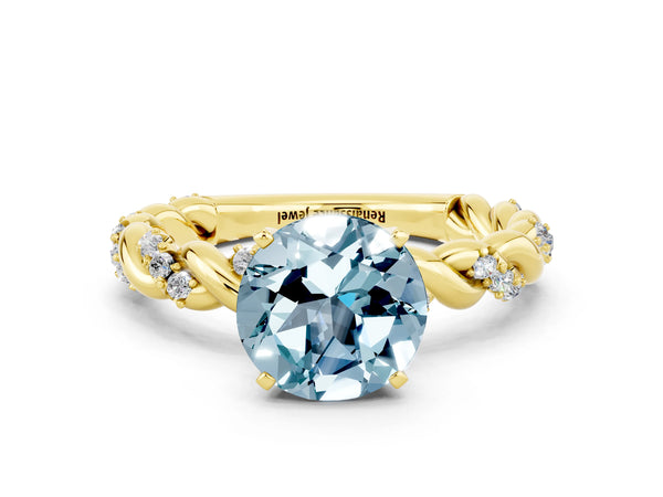 Yellow gold Round Cut Aquamarine Solitaire Ring with Twisted Band and Pavé Accents