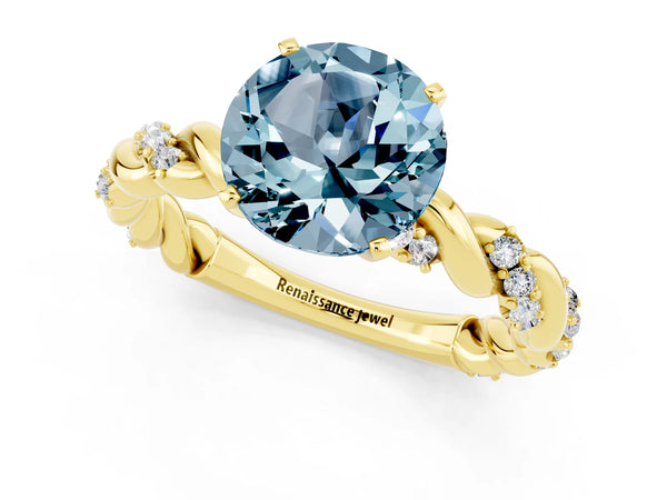 Yellow gold Round Cut Aquamarine Solitaire Ring with Twisted Band and Pavé Accents