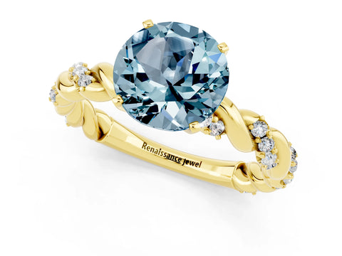 Yellow gold Round Cut Aquamarine Solitaire Ring with Twisted Band and Pavé Accents_1
