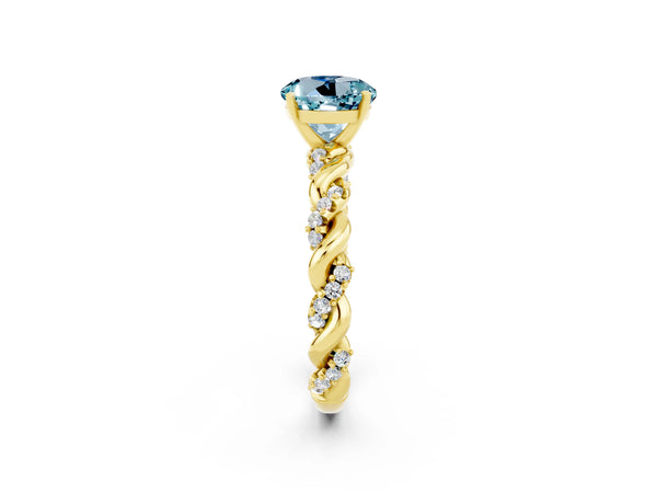 Yellow gold Round Cut Aquamarine Solitaire Ring with Twisted Band and Pavé Accents