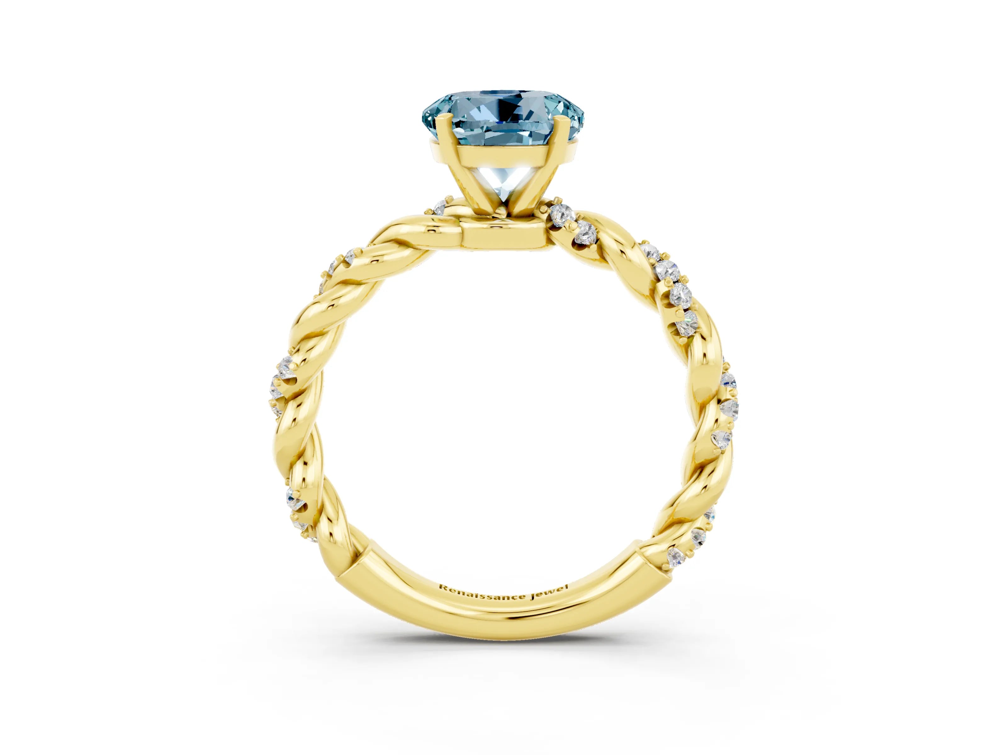 Yellow gold Round Cut Aquamarine Solitaire Ring with Twisted Band and Pavé Accents_3