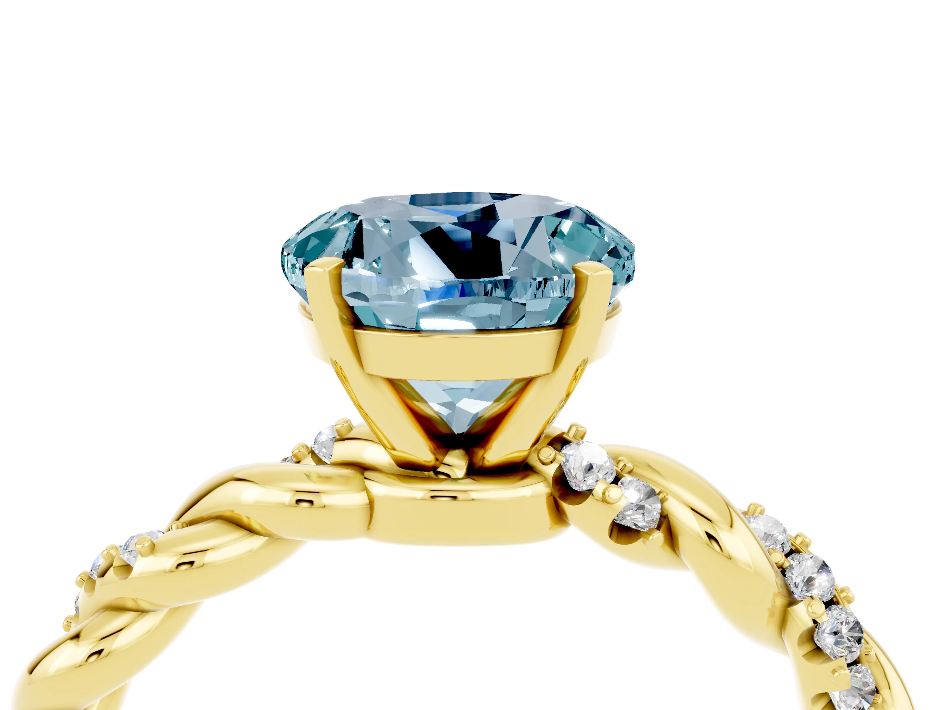 Yellow gold Round Cut Aquamarine Solitaire Ring with Twisted Band and Pavé Accents_4