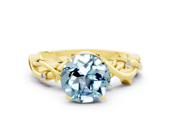 Yellow gold Round Cut Aquamarine Solitaire Ring with Twisted Band and Prong Setting