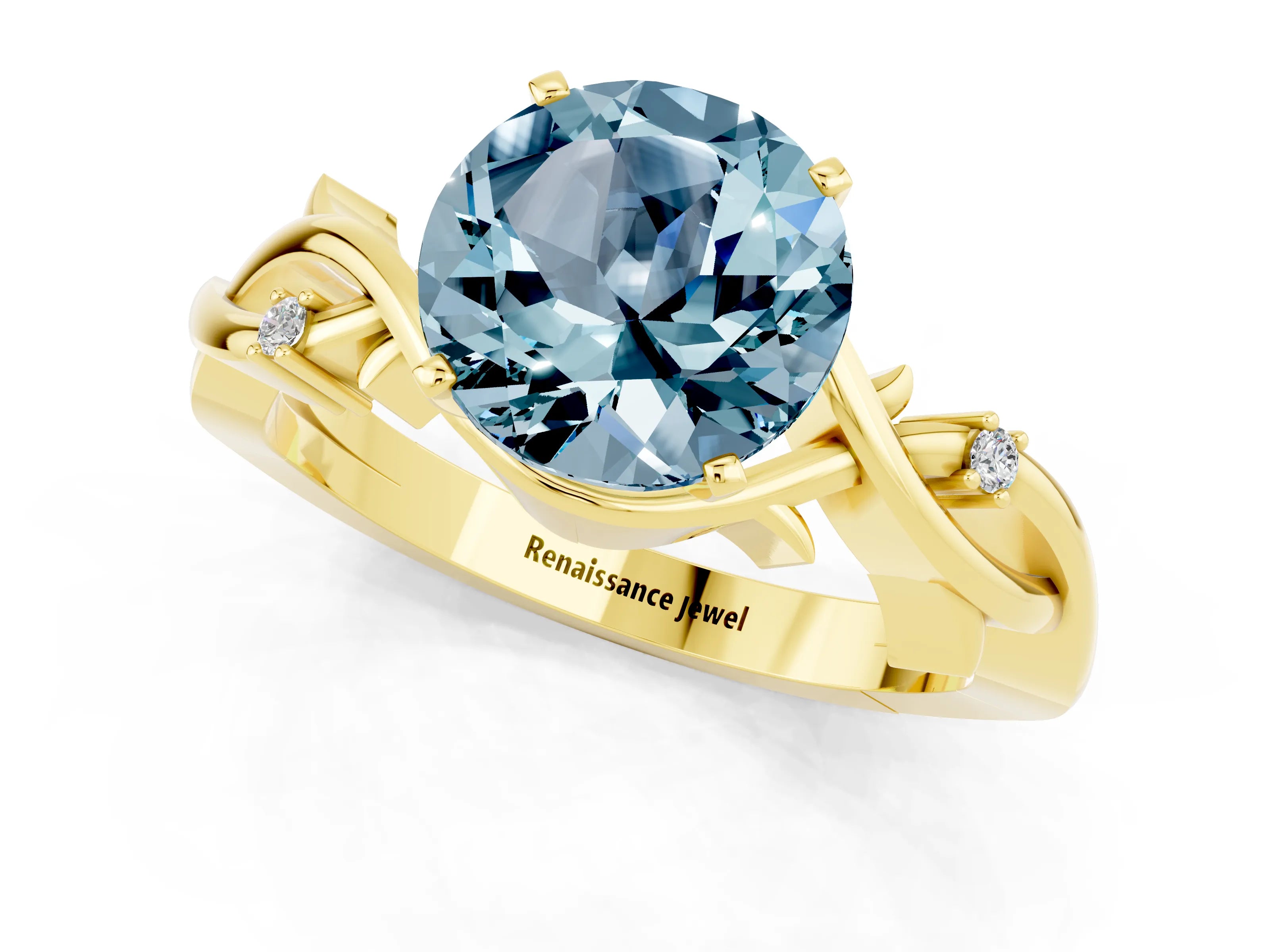 Yellow gold Round Cut Aquamarine Solitaire Ring with Twisted Band and Prong Setting_1