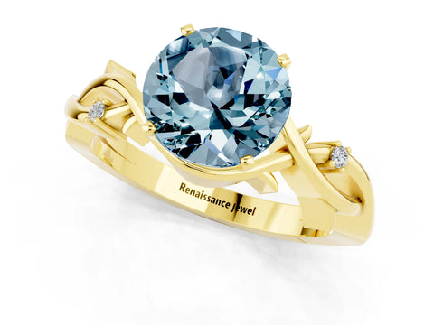 Yellow gold Round Cut Aquamarine Solitaire Ring with Twisted Band and Prong Setting_1