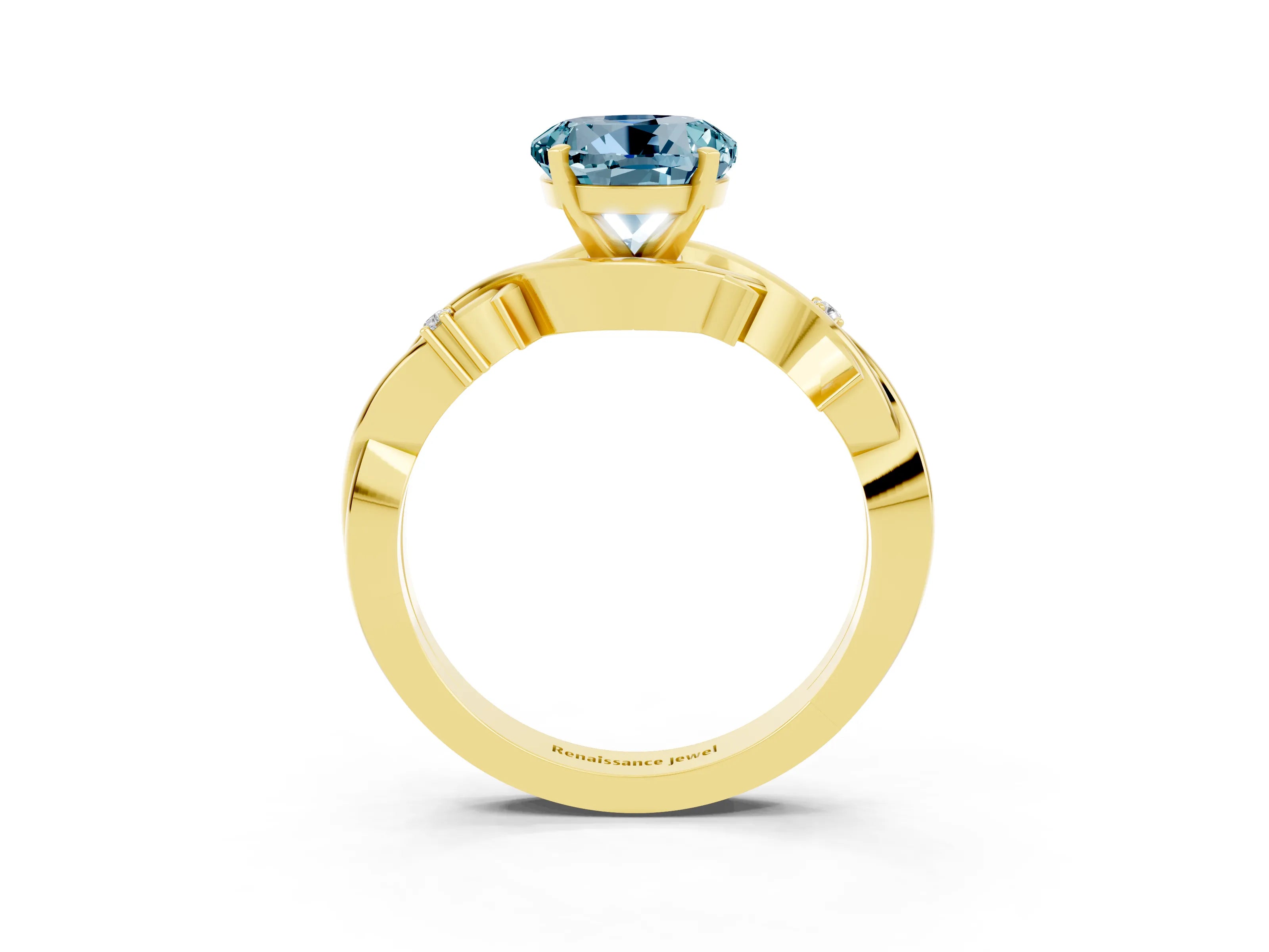 Yellow gold Round Cut Aquamarine Solitaire Ring with Twisted Band and Prong Setting_3