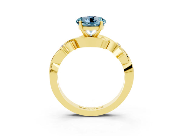 Yellow gold Round Cut Aquamarine Solitaire Ring with Twisted Band and Prong Setting