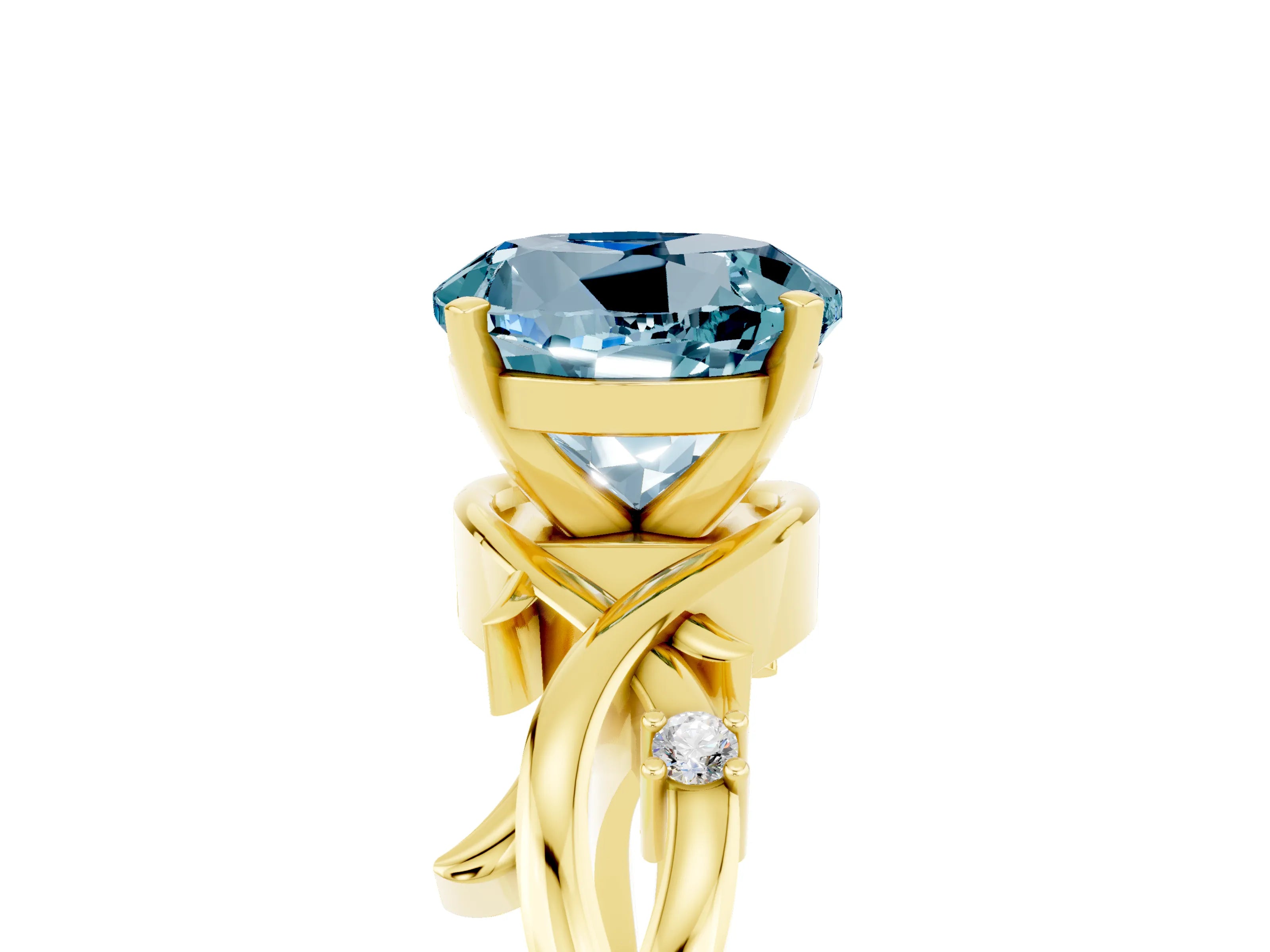 Yellow gold Round Cut Aquamarine Solitaire Ring with Twisted Band and Prong Setting_5