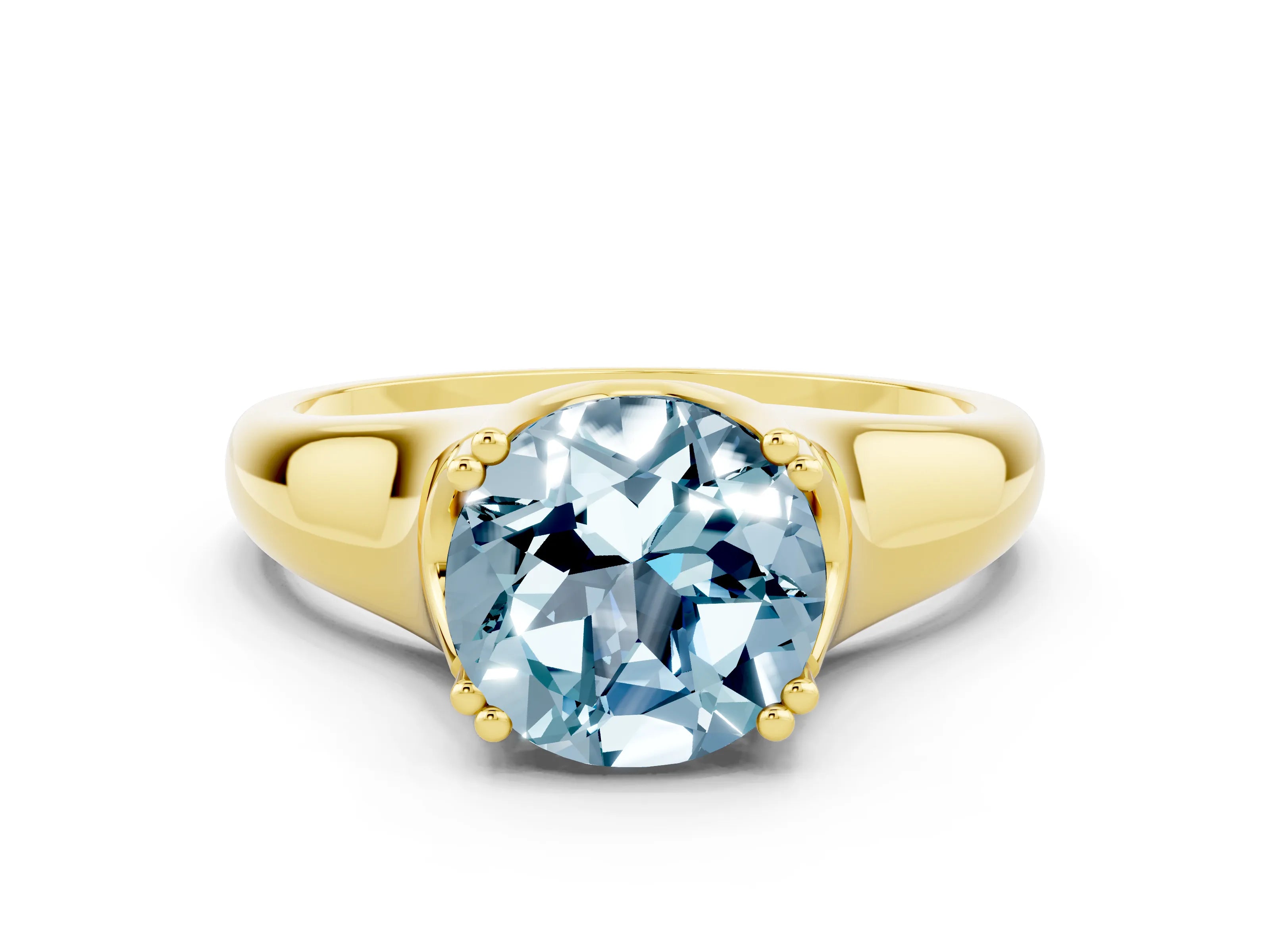 Yellow gold Round Cut Aquamarine Solitaire Ring with Wide Band and Prong Setting