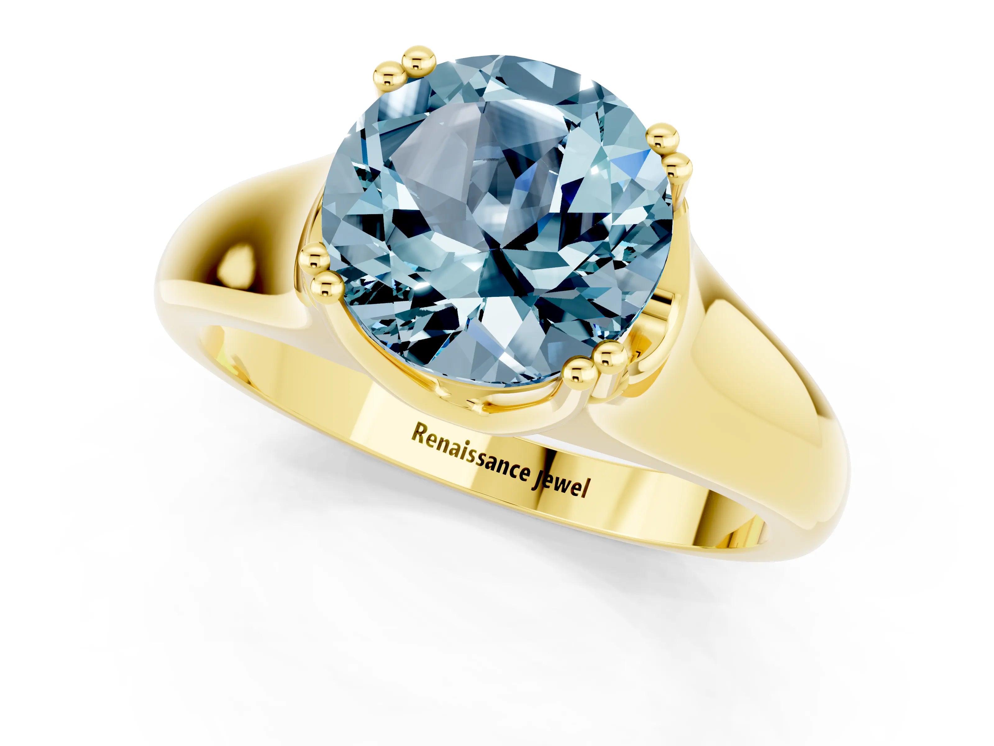 Yellow gold Round Cut Aquamarine Solitaire Ring with Wide Band and Prong Setting_1