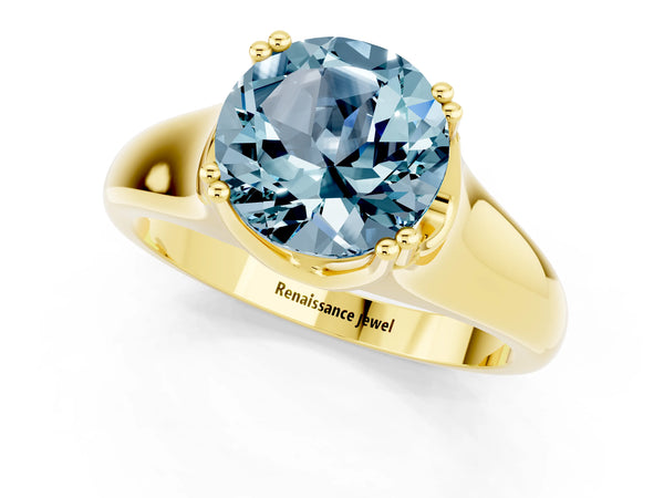 Yellow gold Round Cut Aquamarine Solitaire Ring with Wide Band and Prong Setting