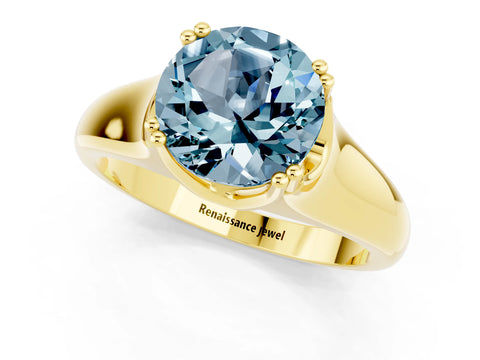 Yellow gold Round Cut Aquamarine Solitaire Ring with Wide Band and Prong Setting_1