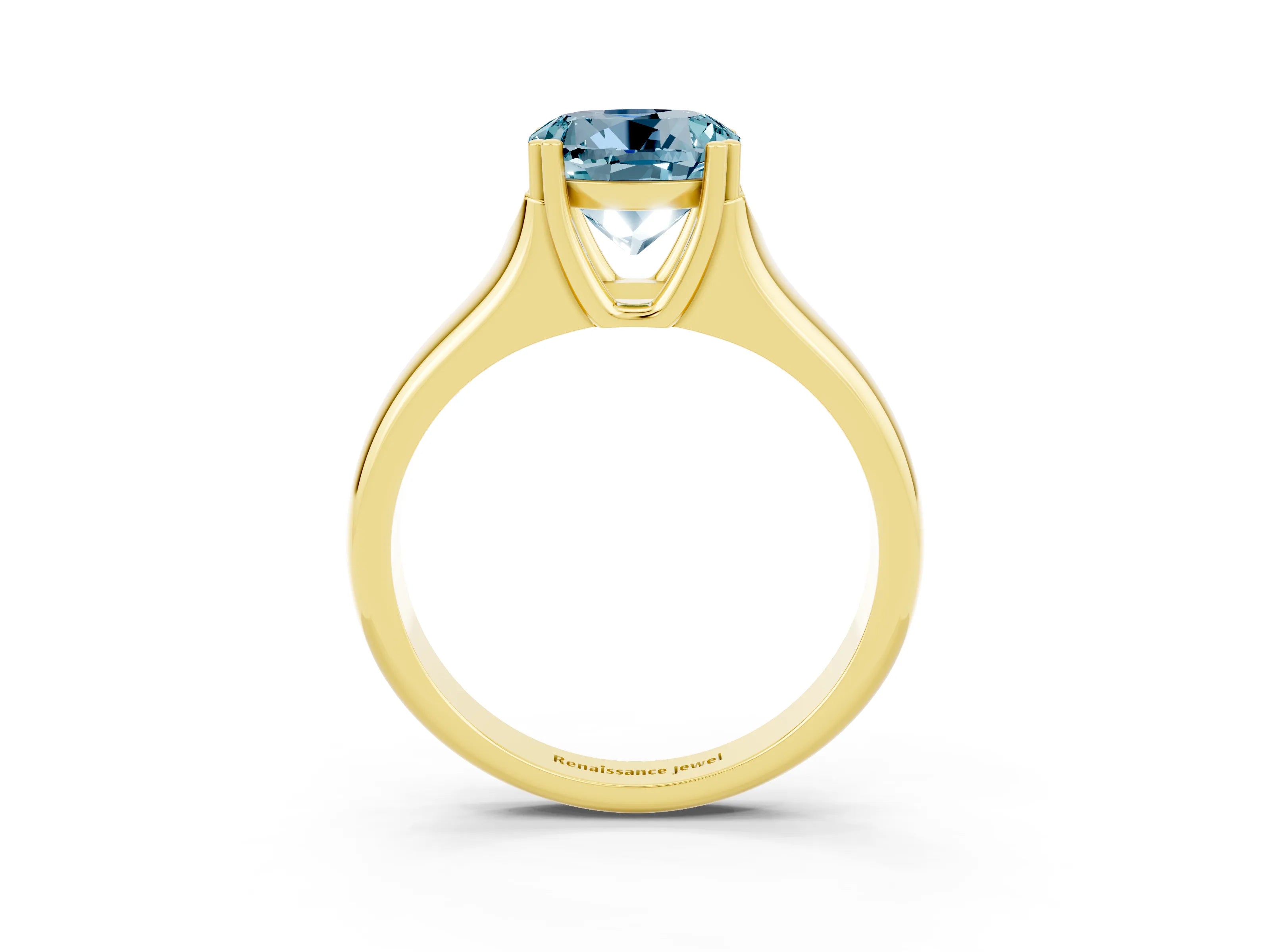 Yellow gold Round Cut Aquamarine Solitaire Ring with Wide Band and Prong Setting_3