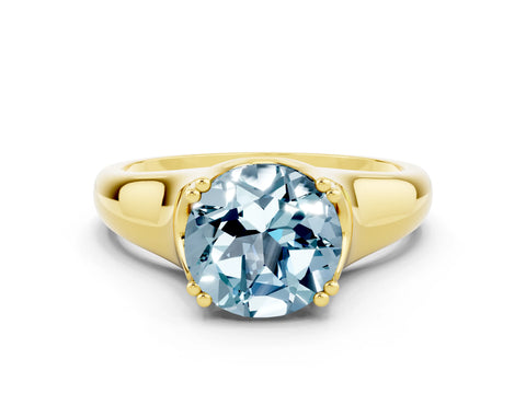 Yellow gold Round Cut Aquamarine Solitaire Ring with Wide Band and Prong Setting