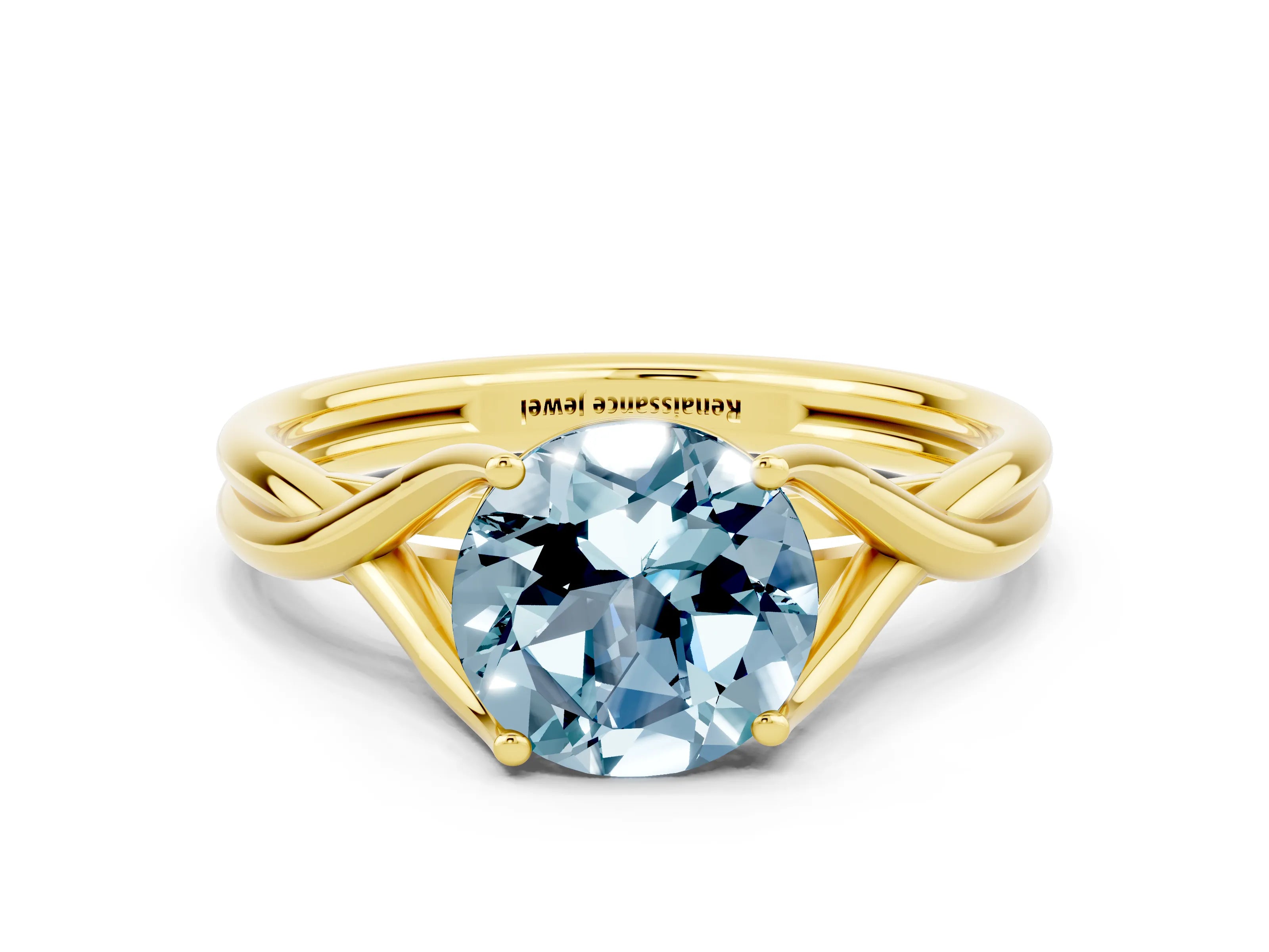 Yellow gold Round Cut Aquamarine Solitaire Twist Band Prong Setting Ring_36