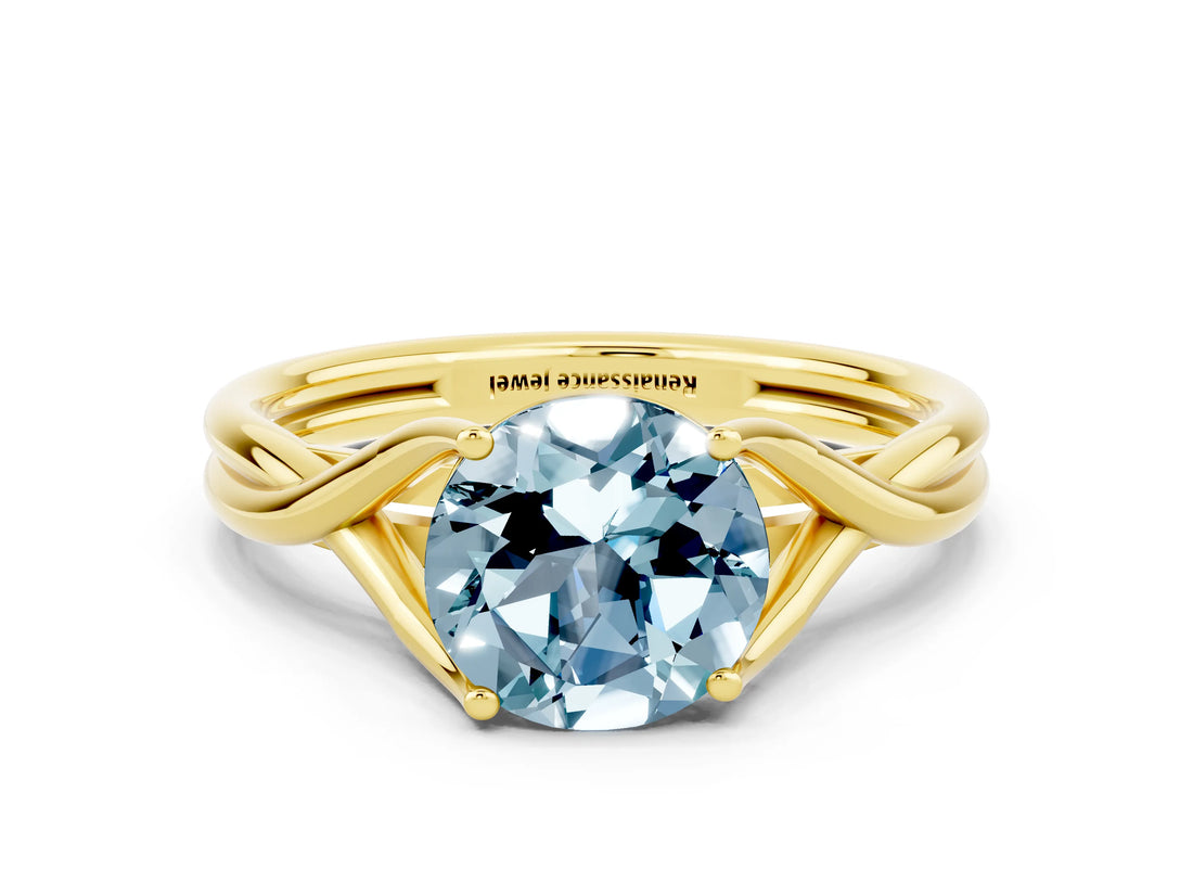 Yellow gold Round Cut Aquamarine Solitaire Twist Band Prong Setting Ring_36