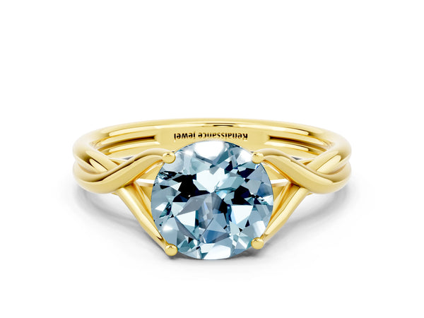 Yellow gold Round Cut Aquamarine Solitaire Twist Band Prong Setting Ring