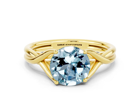 Yellow gold Round Cut Aquamarine Solitaire Twist Band Prong Setting Ring_36