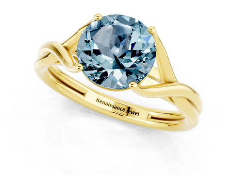 Yellow gold Round Cut Aquamarine Solitaire Twist Band Prong Setting Ring_37