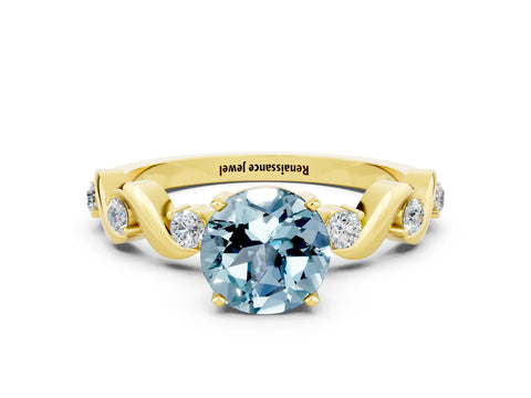 Yellow gold Round Cut Aquamarine Solitaire Twisted Band with Round  Accents and Prong Setting_12