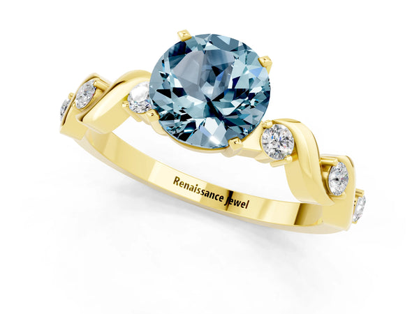 Yellow gold Round Cut Aquamarine Solitaire Twisted Band with Round  Accents and Prong Setting