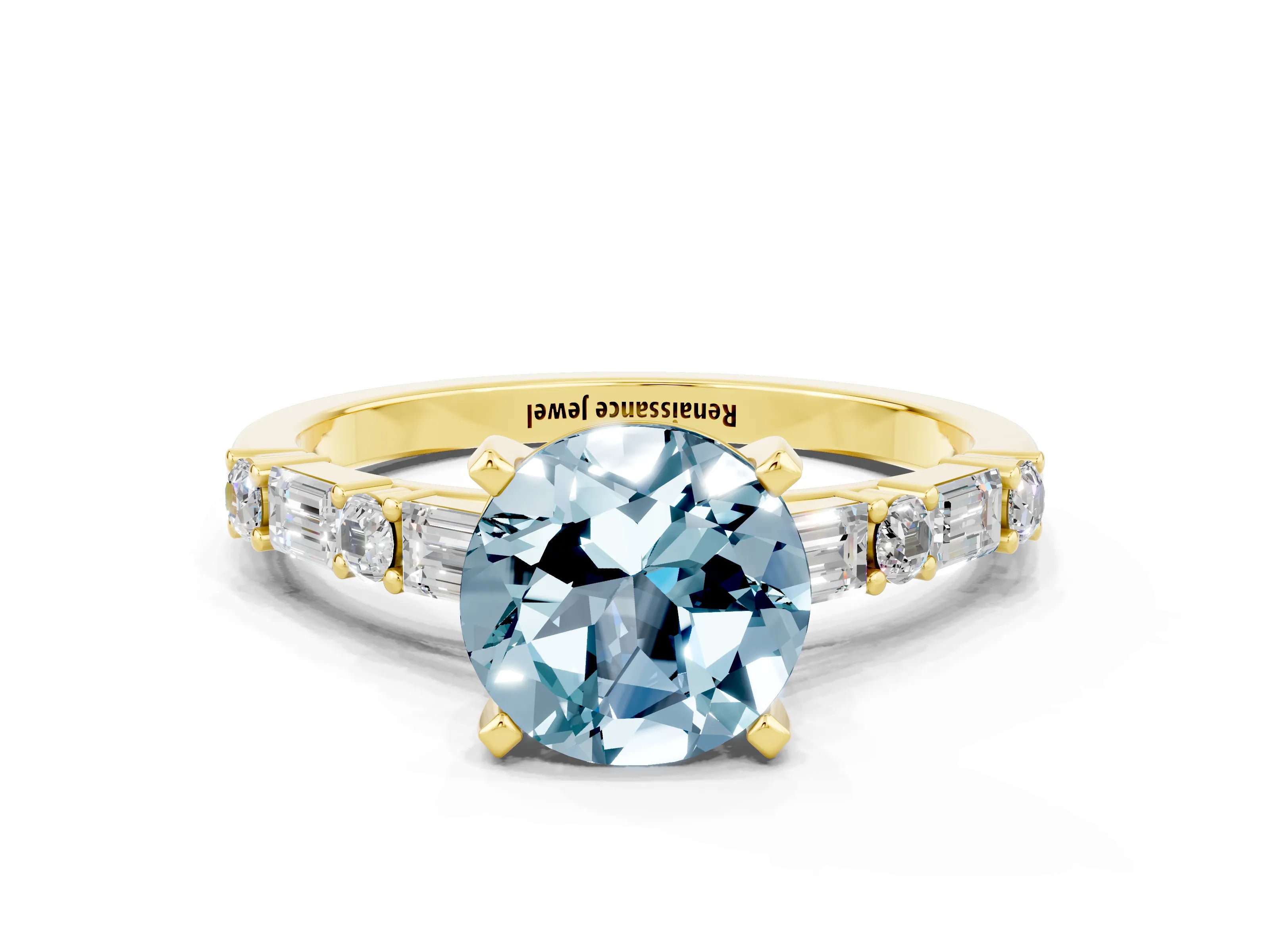 Yellow gold Round Cut Aquamarine Solitaire with Side Baguettes and Channel Set Band