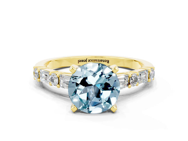 Yellow gold Round Cut Aquamarine Solitaire with Side Baguettes and Channel Set Band