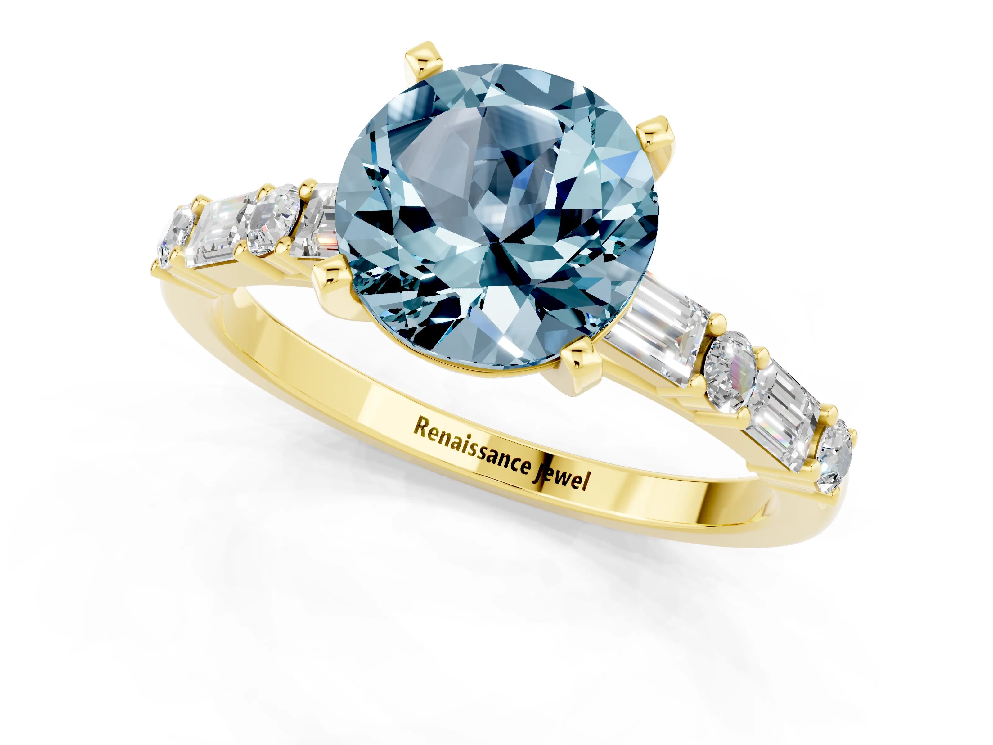 Yellow gold Round Cut Aquamarine Solitaire with Side Baguettes and Channel Set Band_1