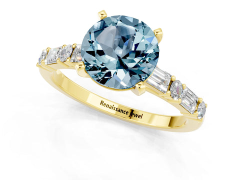 Yellow gold Round Cut Aquamarine Solitaire with Side Baguettes and Channel Set Band_1