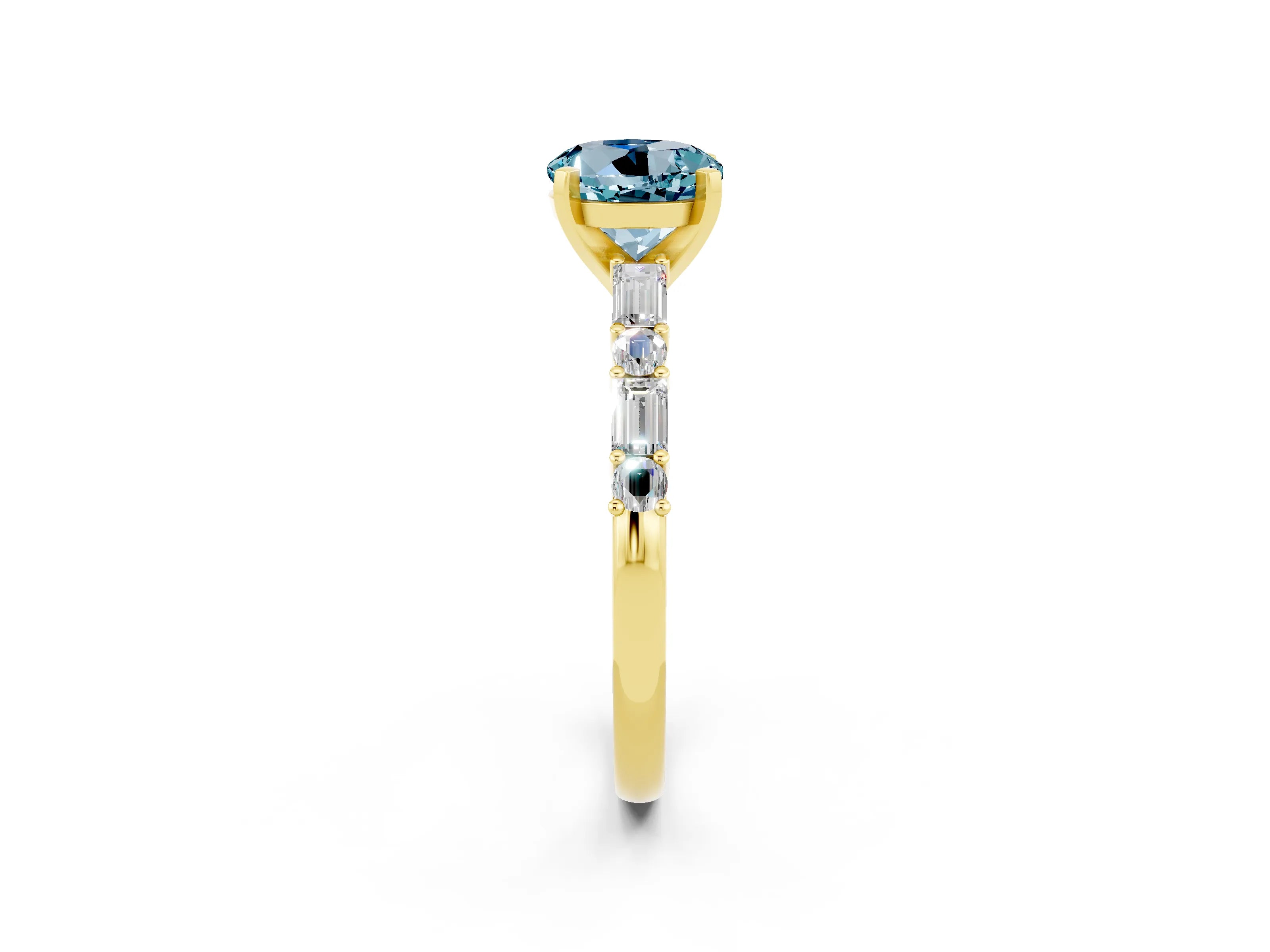 Yellow gold Round Cut Aquamarine Solitaire with Side Baguettes and Channel Set Band_2