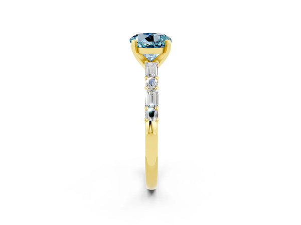 Yellow gold Round Cut Aquamarine Solitaire with Side Baguettes and Channel Set Band