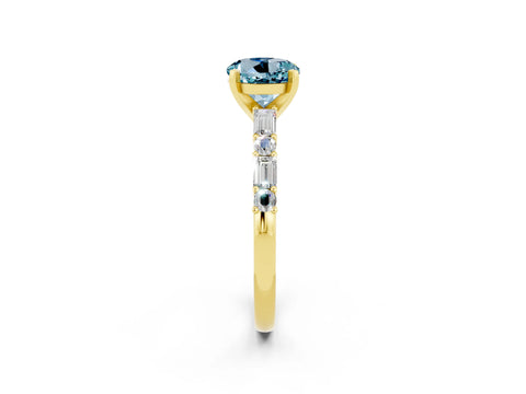 Yellow gold Round Cut Aquamarine Solitaire with Side Baguettes and Channel Set Band_2