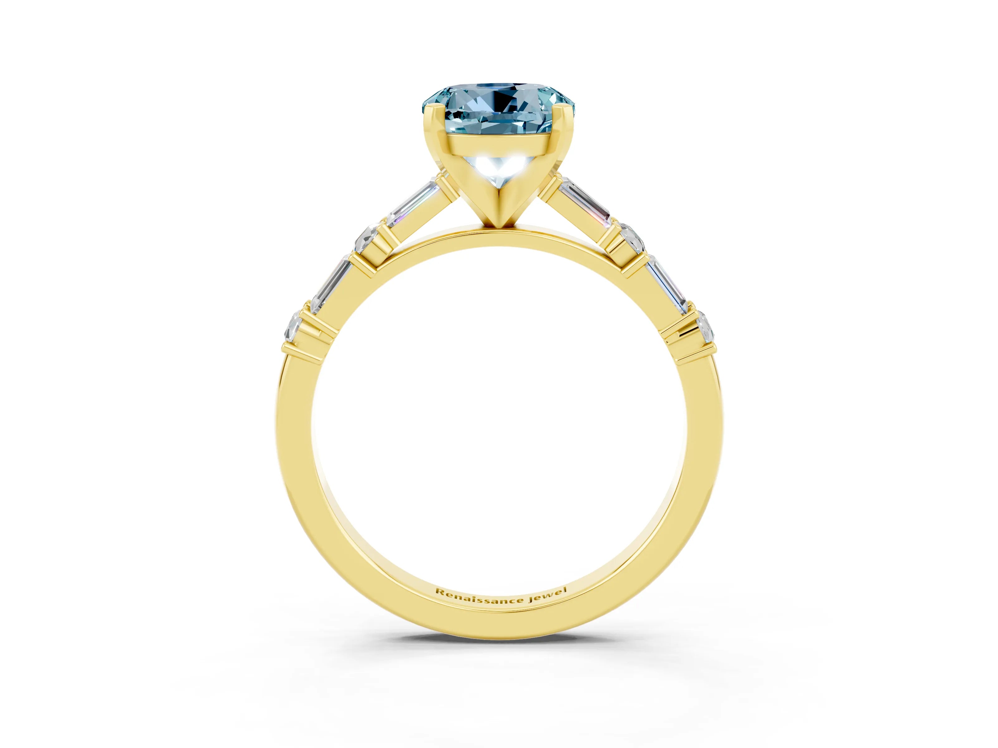 Yellow gold Round Cut Aquamarine Solitaire with Side Baguettes and Channel Set Band_3