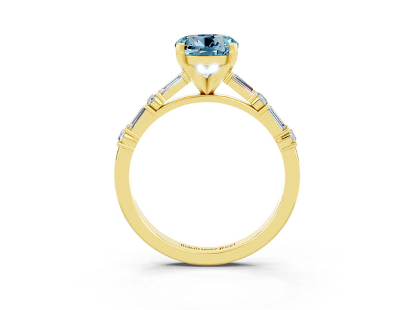 Yellow gold Round Cut Aquamarine Solitaire with Side Baguettes and Channel Set Band