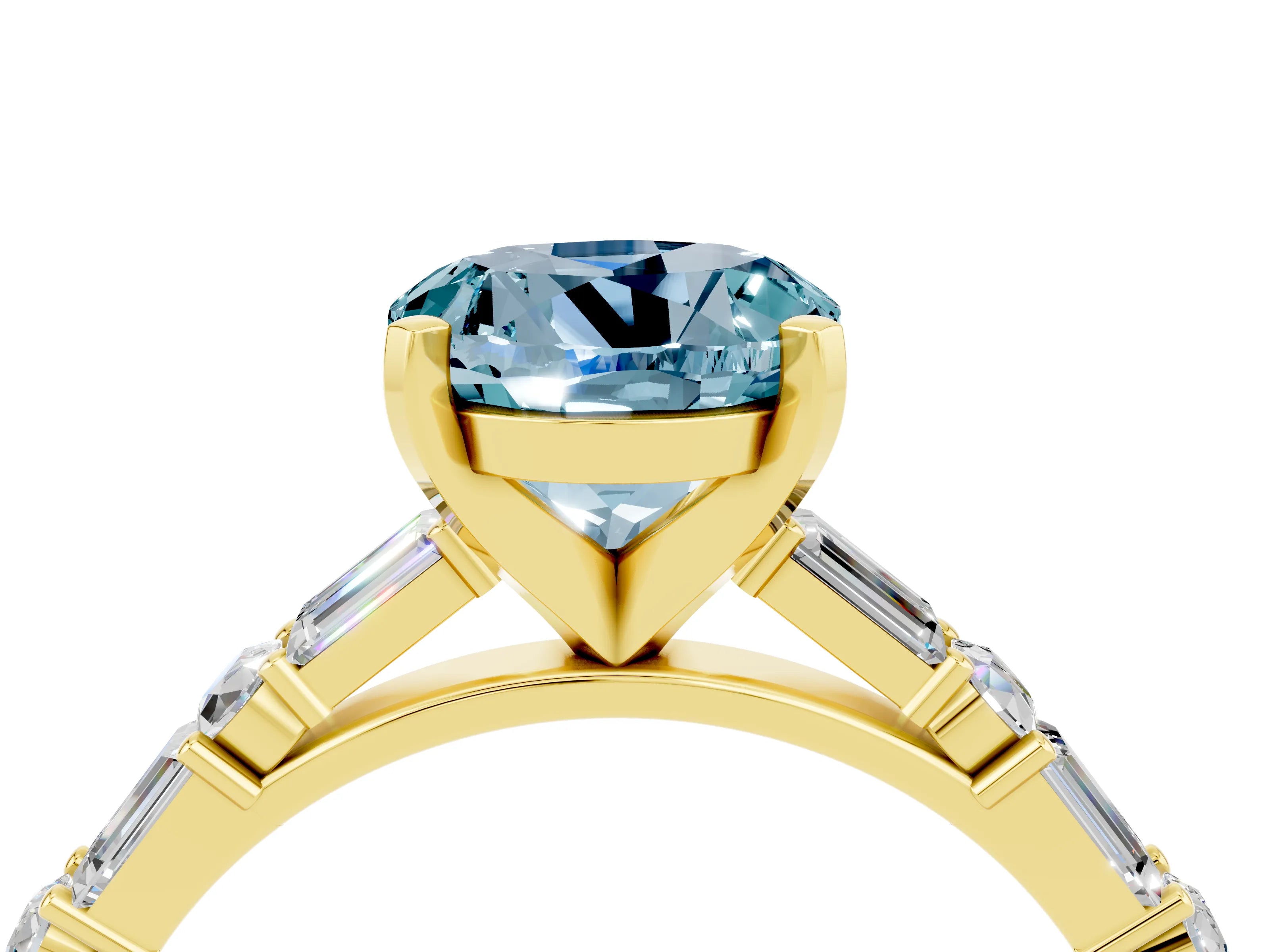 Yellow gold Round Cut Aquamarine Solitaire with Side Baguettes and Channel Set Band_4