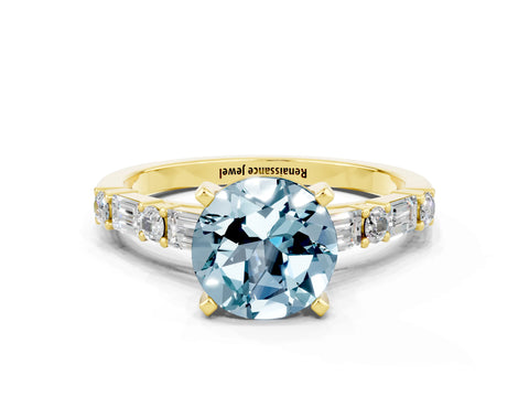 Yellow gold Round Cut Aquamarine Solitaire with Side Baguettes and Channel Set Band