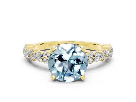 Yellow gold Round Cut Aquamarine Solitaire with Side Stones, Pave Band, Four-Prong Setting_36