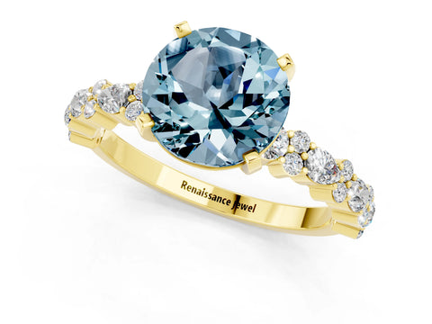 Yellow gold Round Cut Aquamarine Solitaire with Side Stones, Pave Band, Four-Prong Setting_37