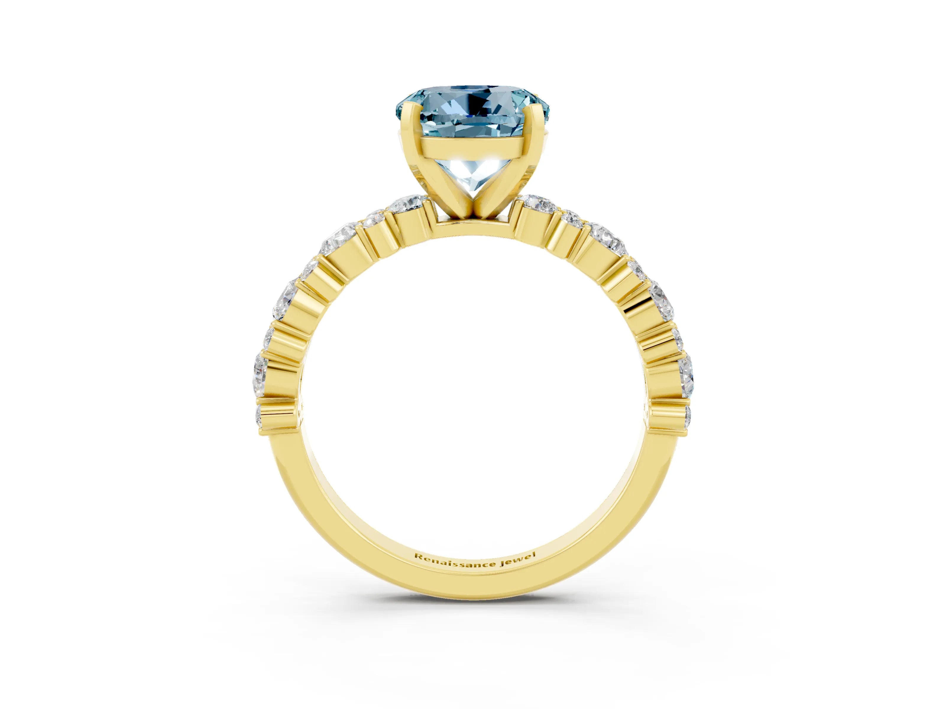Yellow gold Round Cut Aquamarine Solitaire with Side Stones, Pave Band, Four-Prong Setting_39
