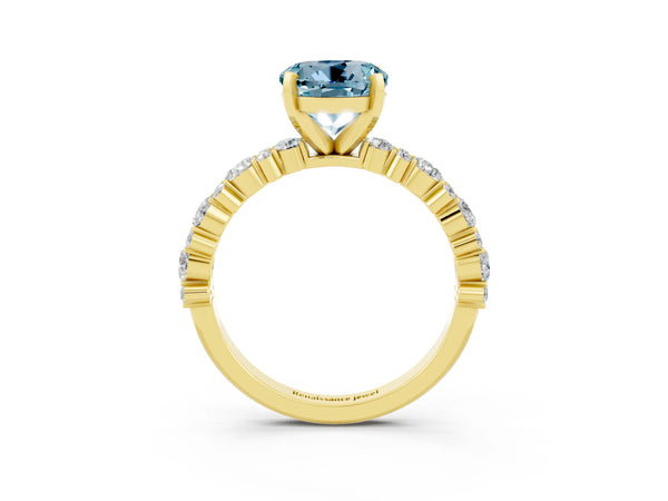 Yellow gold Round Cut Aquamarine Side Stone Solitaire Ring with Round  and Four-Prong Setting