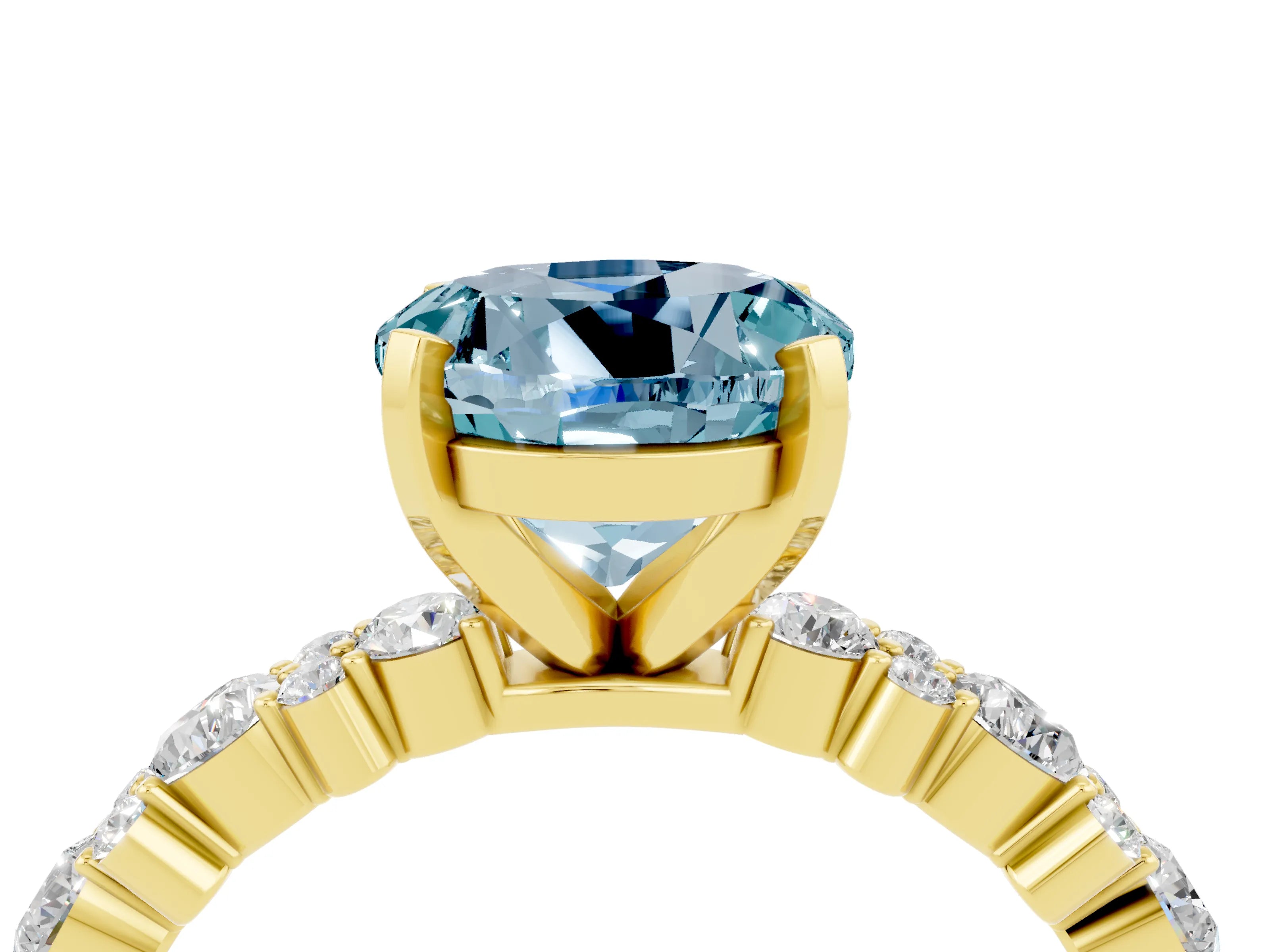 Yellow gold Round Cut Aquamarine Solitaire with Side Stones, Pave Band, Four-Prong Setting_40