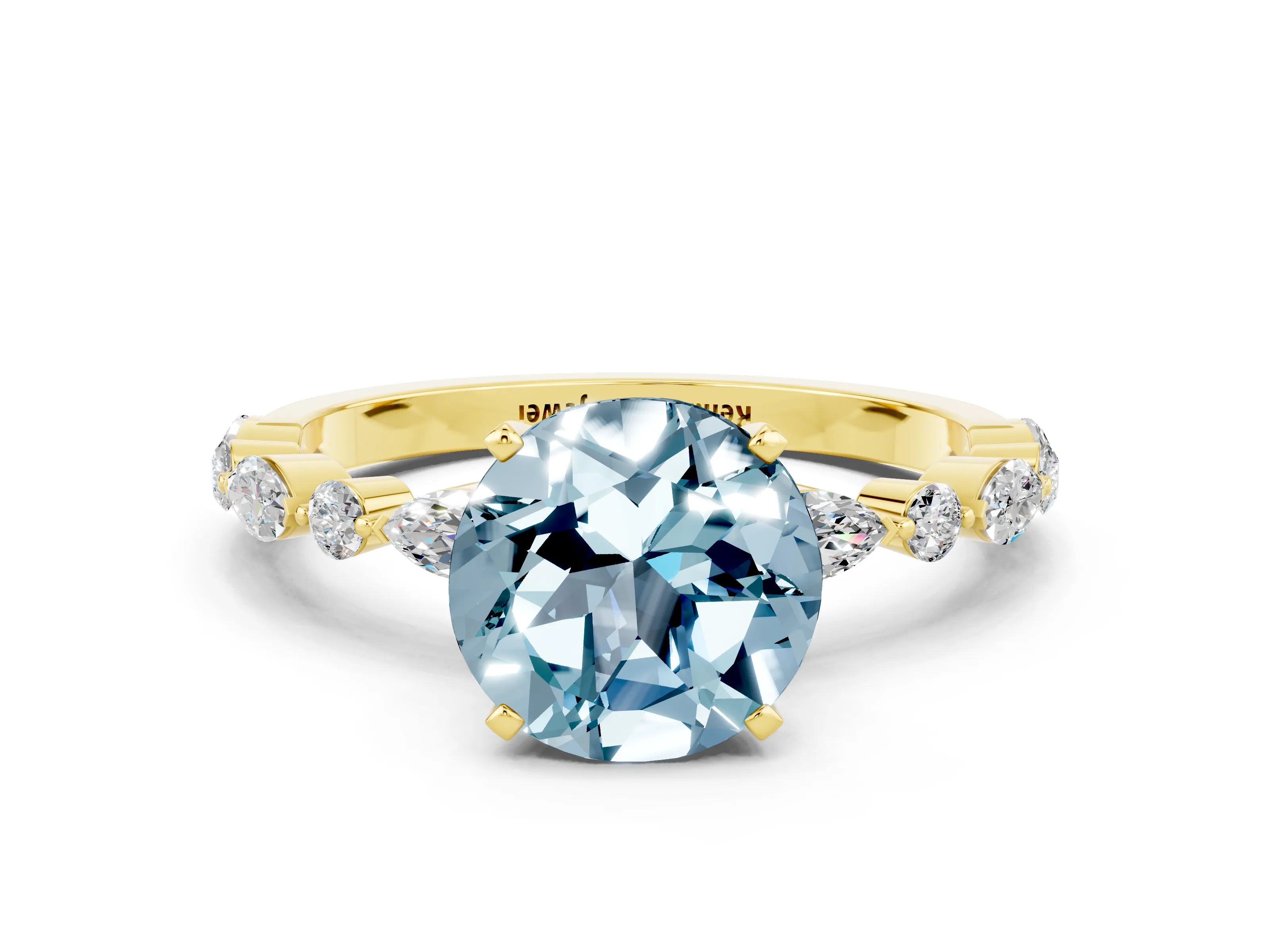Yellow gold Round Cut Aquamarine Solitaire with Side Stones on a Pavé Band and Four-Prong Setting