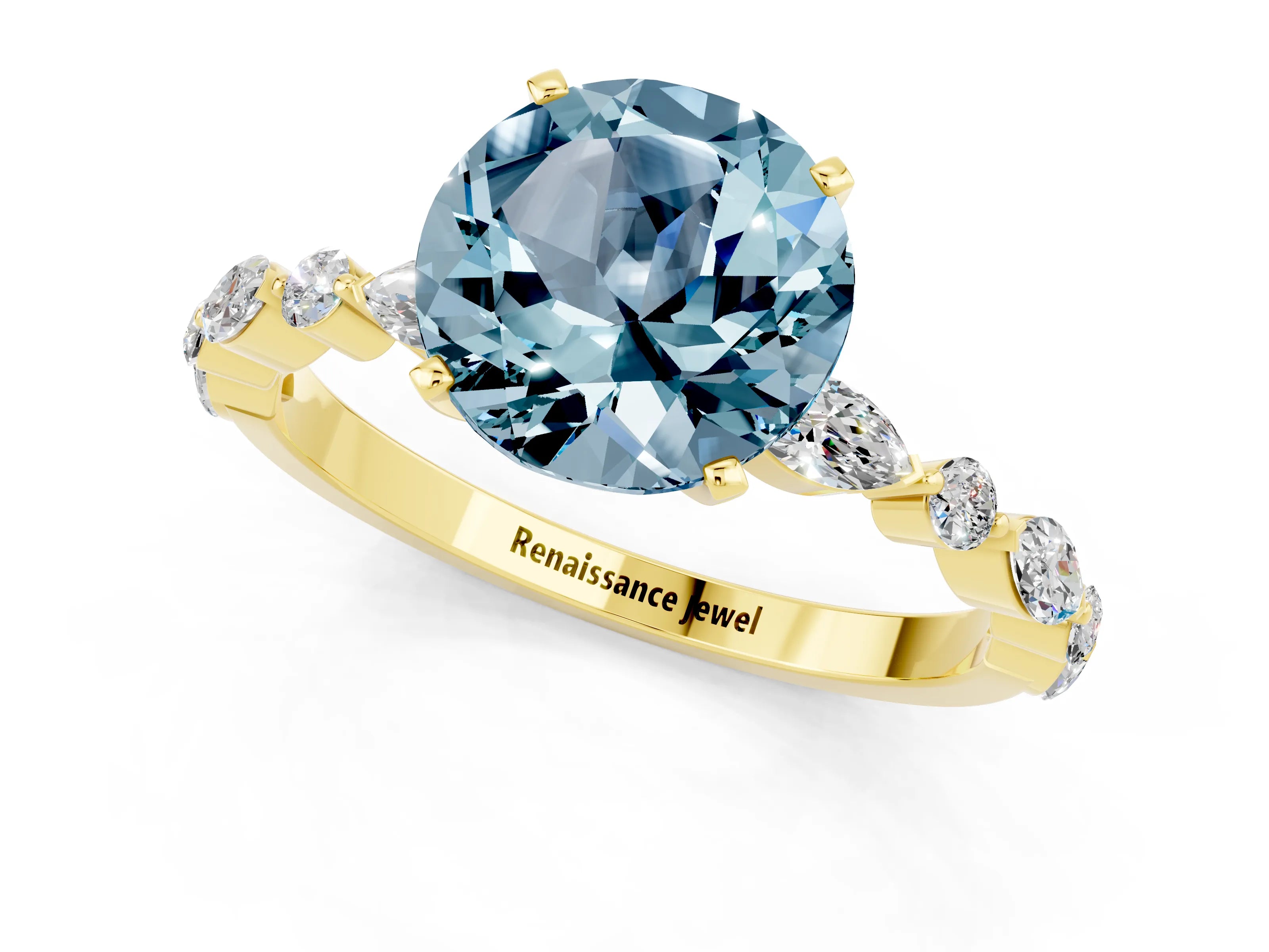 Yellow gold Round Cut Aquamarine Solitaire with Side Stones on a Pavé Band and Four-Prong Setting_1