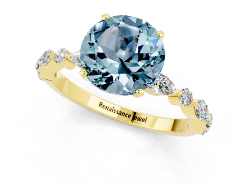 Yellow gold Round Cut Aquamarine Solitaire with Side Stones on a Pavé Band and Four-Prong Setting_1