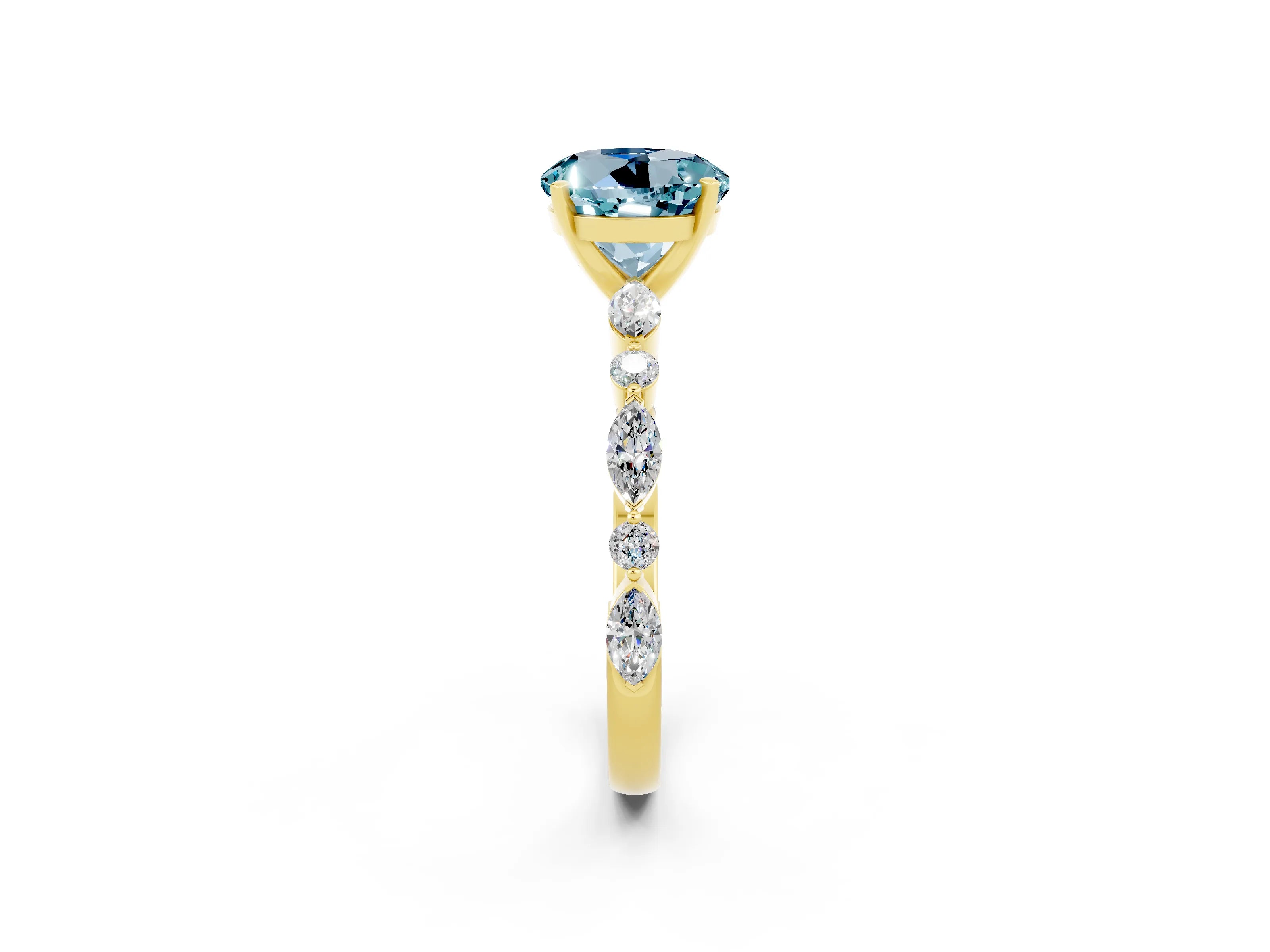 Yellow gold Round Cut Aquamarine Solitaire with Side Stones on a Pavé Band and Four-Prong Setting_2