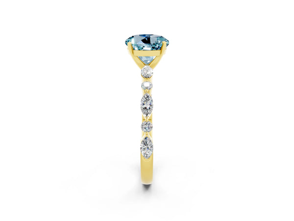 Yellow gold Round Cut Aquamarine Ring with Marquise and Round  Side Stones and Four-Prong Setting