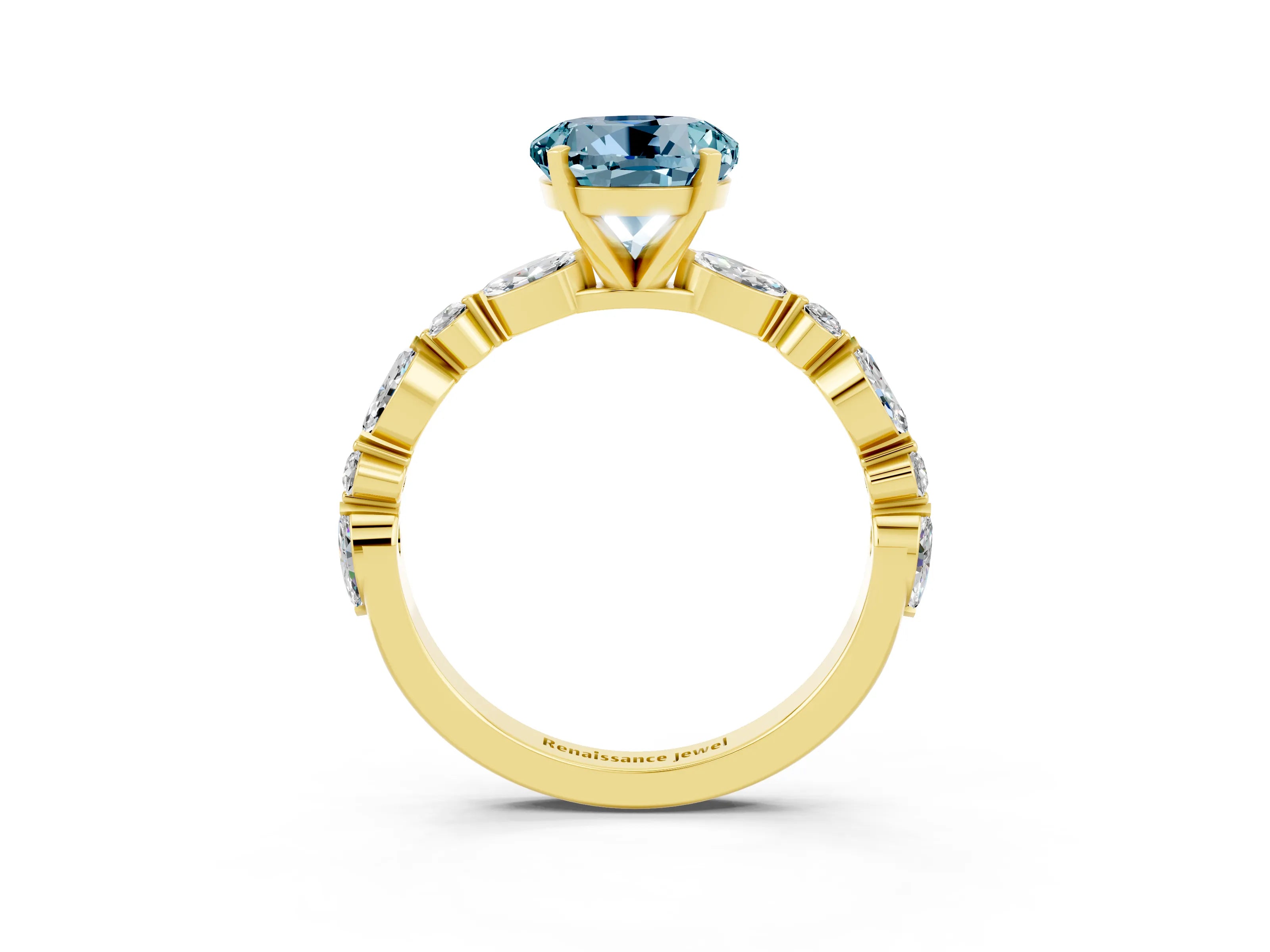 Yellow gold Round Cut Aquamarine Solitaire with Side Stones on a Pavé Band and Four-Prong Setting_3
