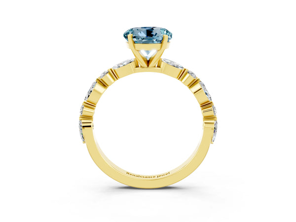Yellow gold Round Cut Aquamarine Ring with Marquise and Round  Side Stones and Four-Prong Setting