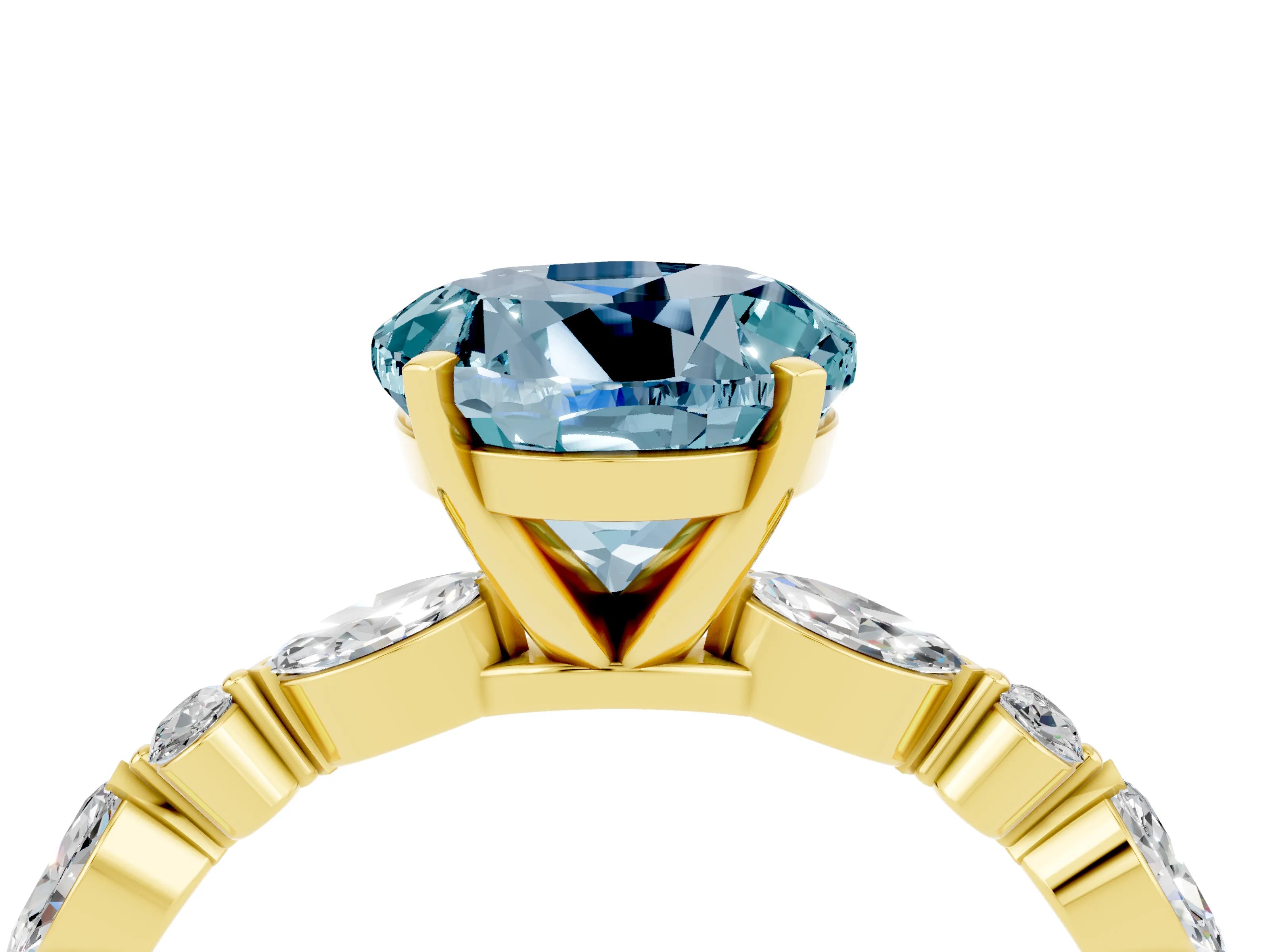 Yellow gold Round Cut Aquamarine Solitaire with Side Stones on a Pavé Band and Four-Prong Setting_4