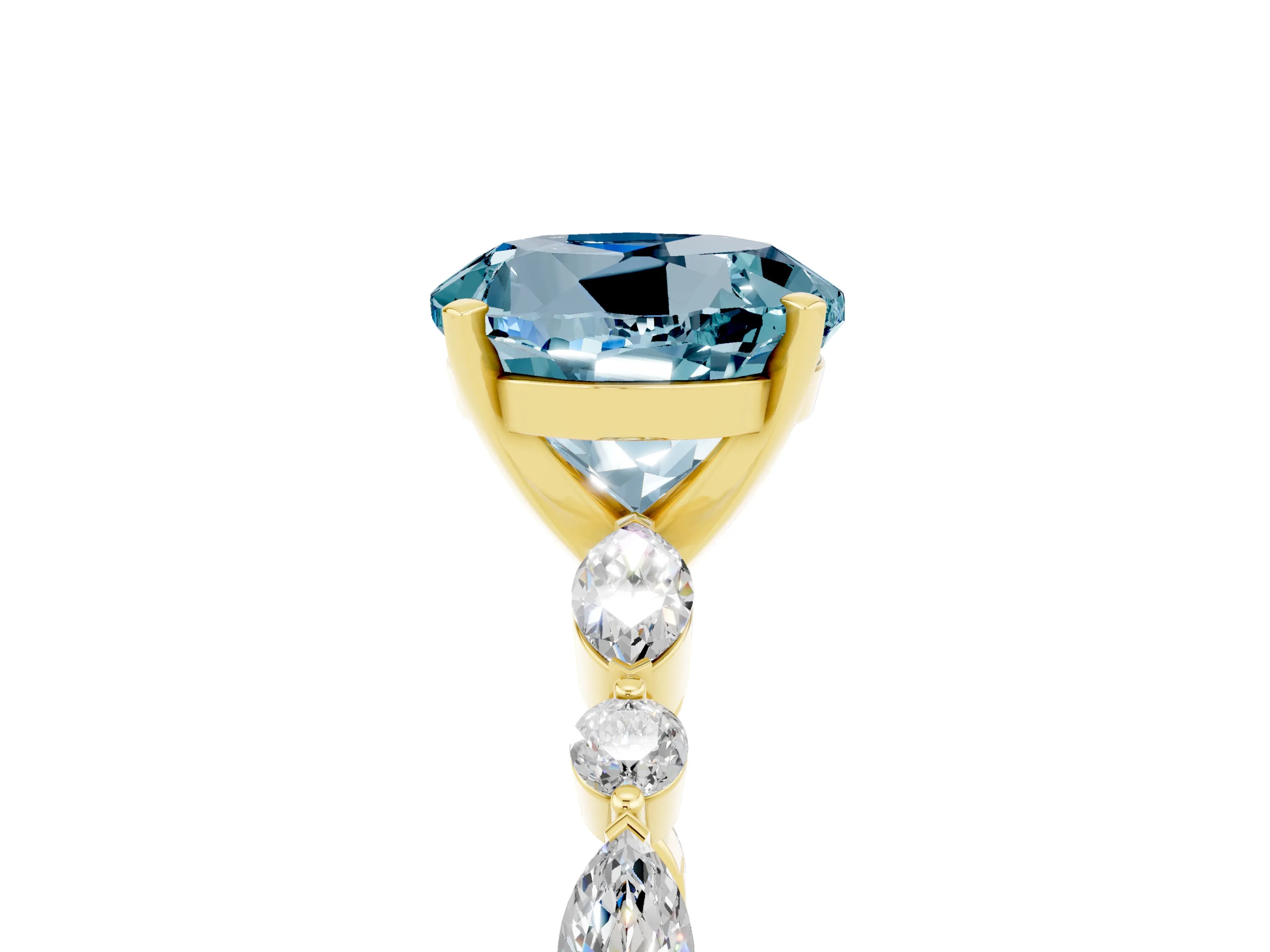 Yellow gold Round Cut Aquamarine Solitaire with Side Stones on a Pavé Band and Four-Prong Setting_5
